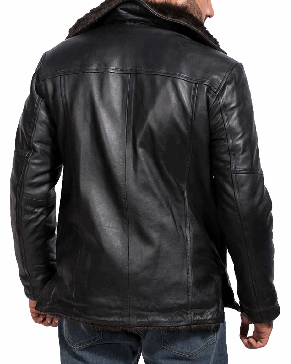 Men's Black Fur Collar Bomber Leather Jacket