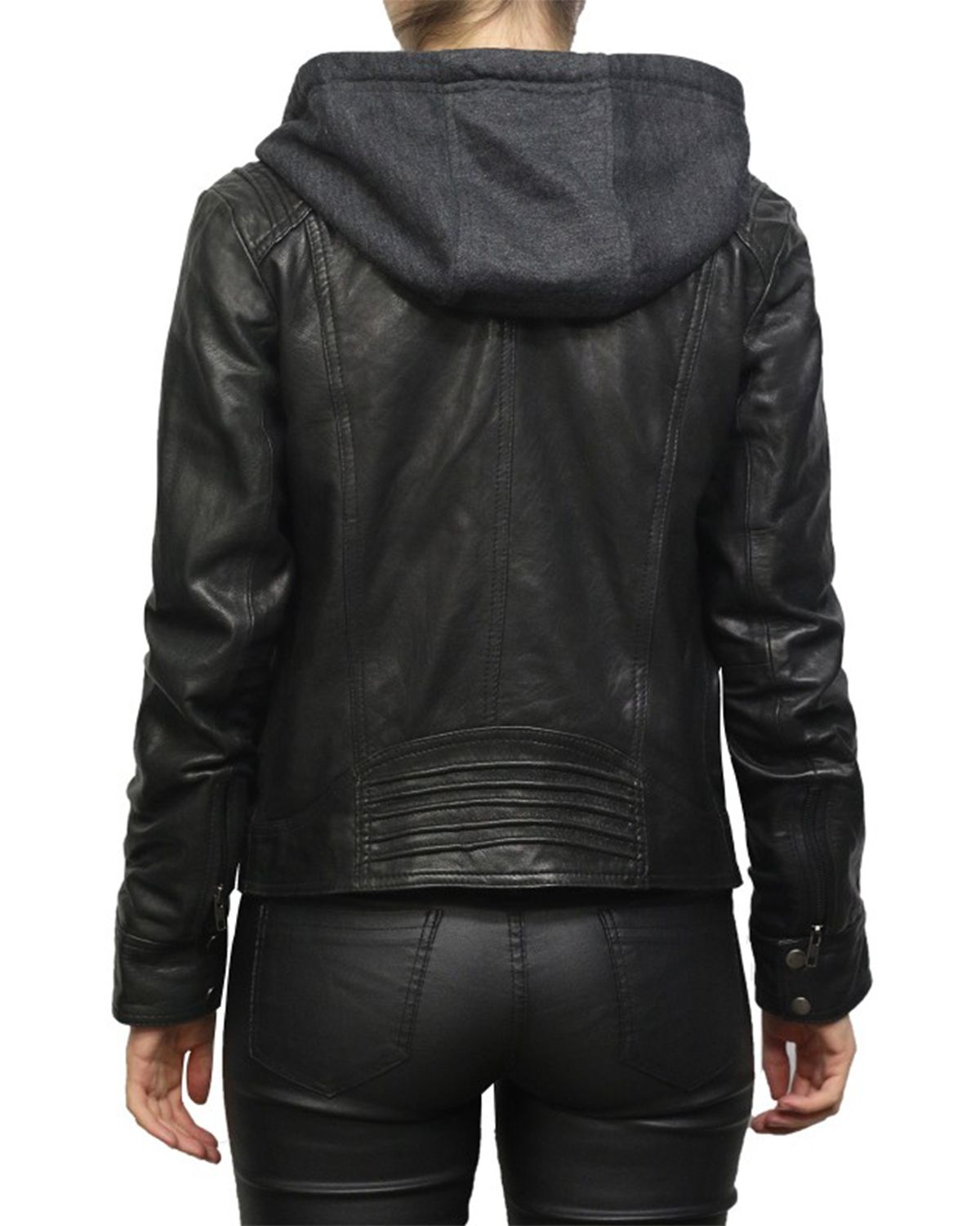 Women's Short Hooded Leather Biker Jacket