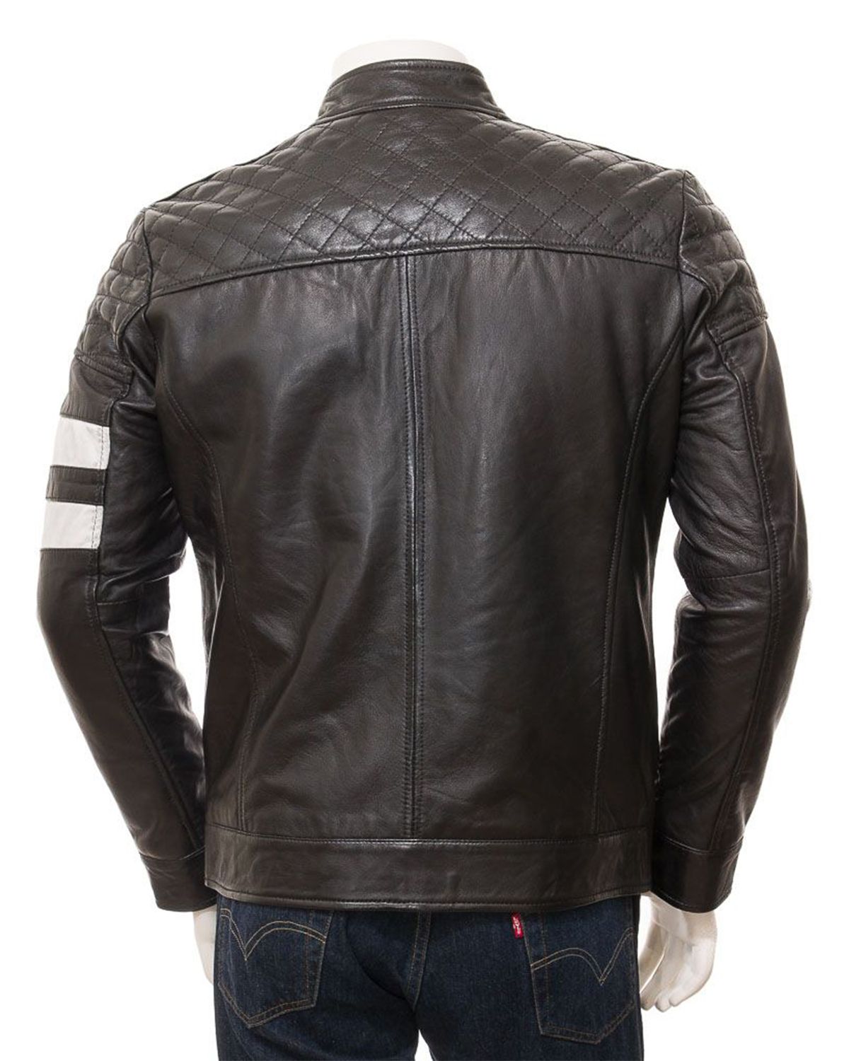 Men's Stand Collar Black Cafe Racer Biker Leather Jacket