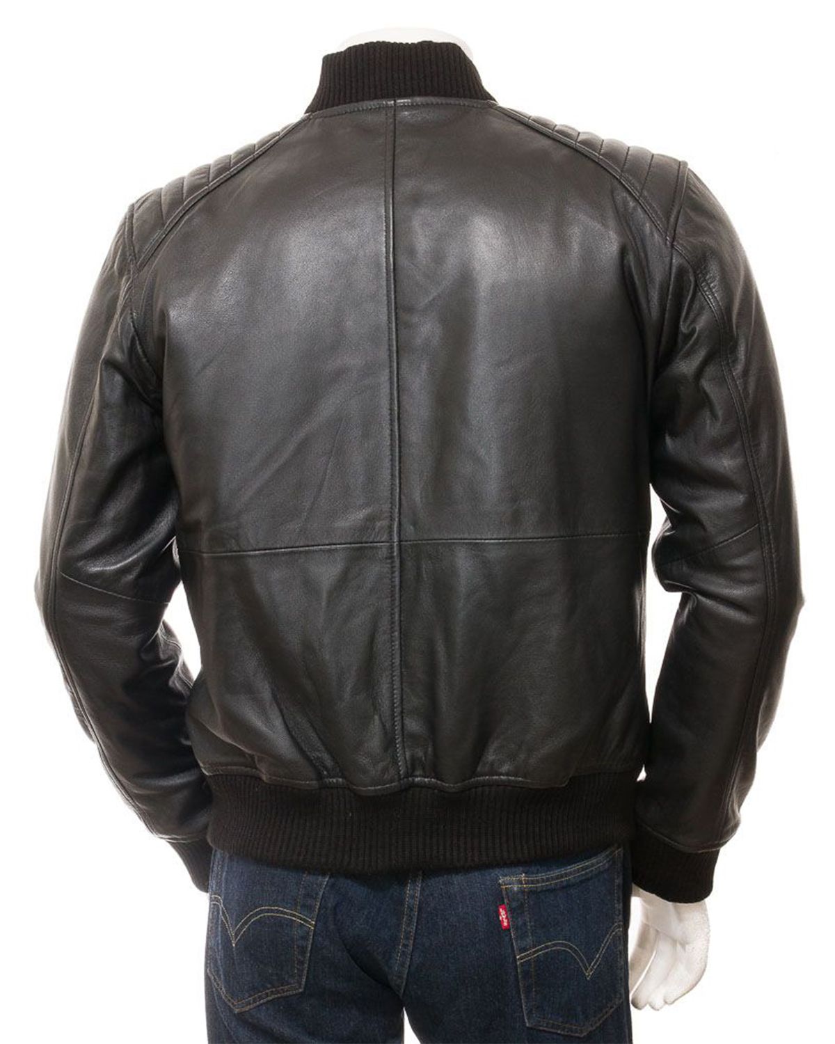 Men's Black Quilted Shoulder Bomber Leather Jacket