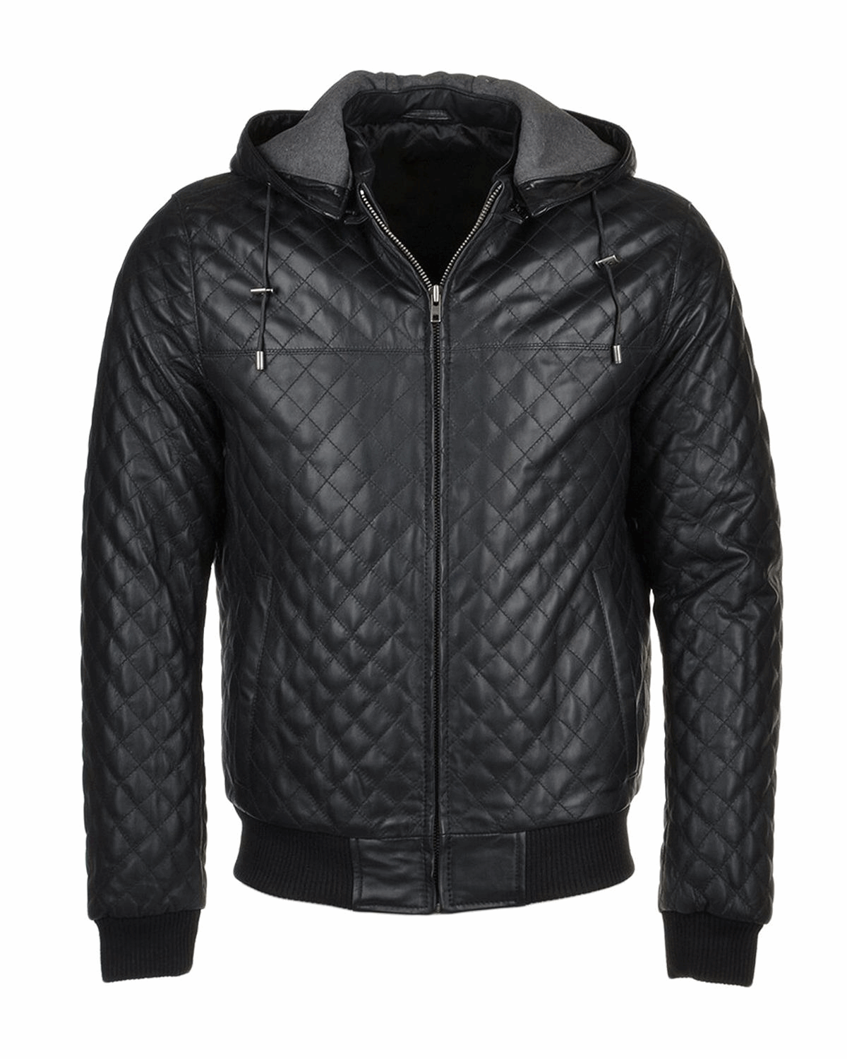 Men's Quilted Detachable Hooded Bomber Real Leather Jacket