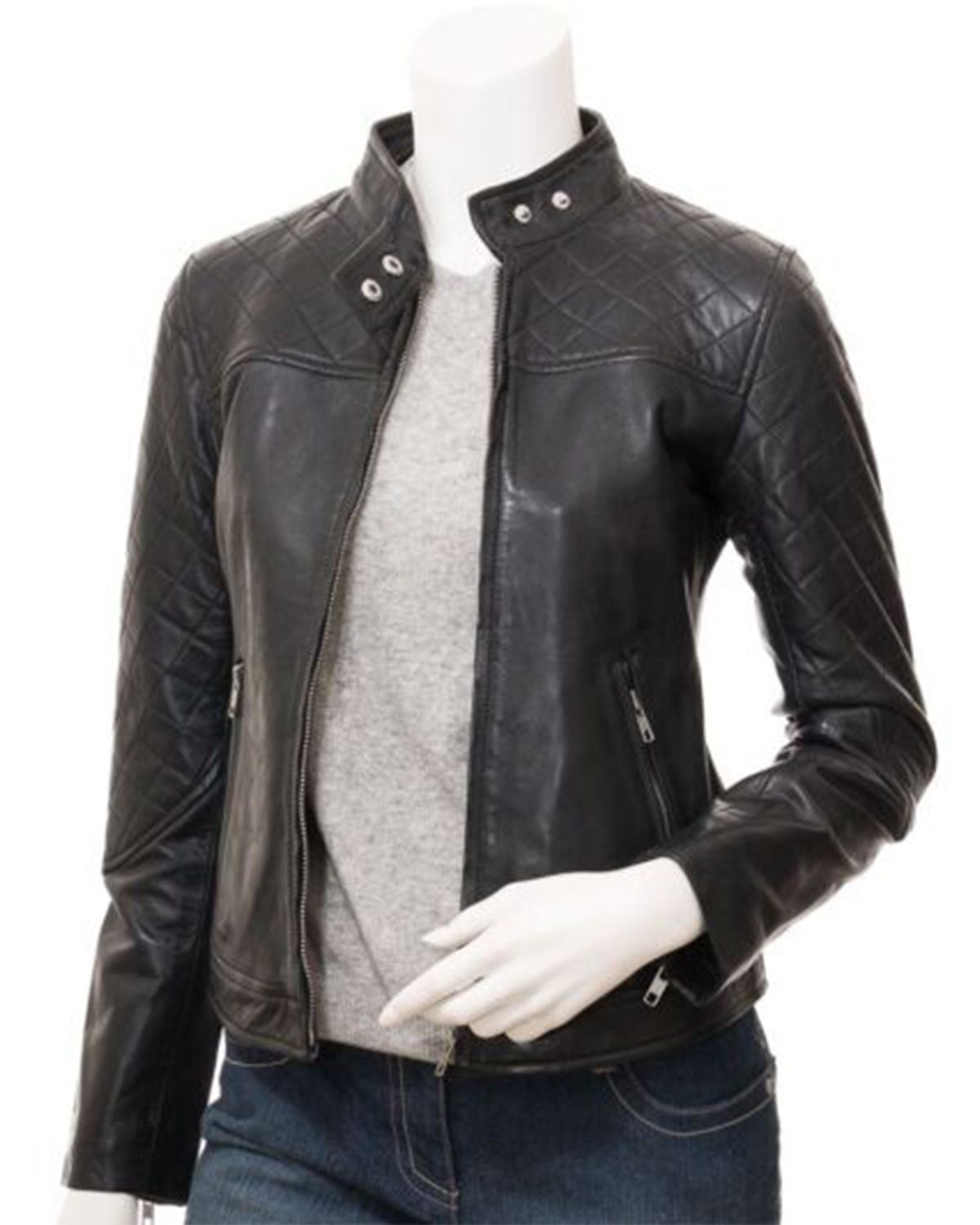 Women's Quilted Shoulder Stylish Biker Cafe Racer Style Real Leather Jacket