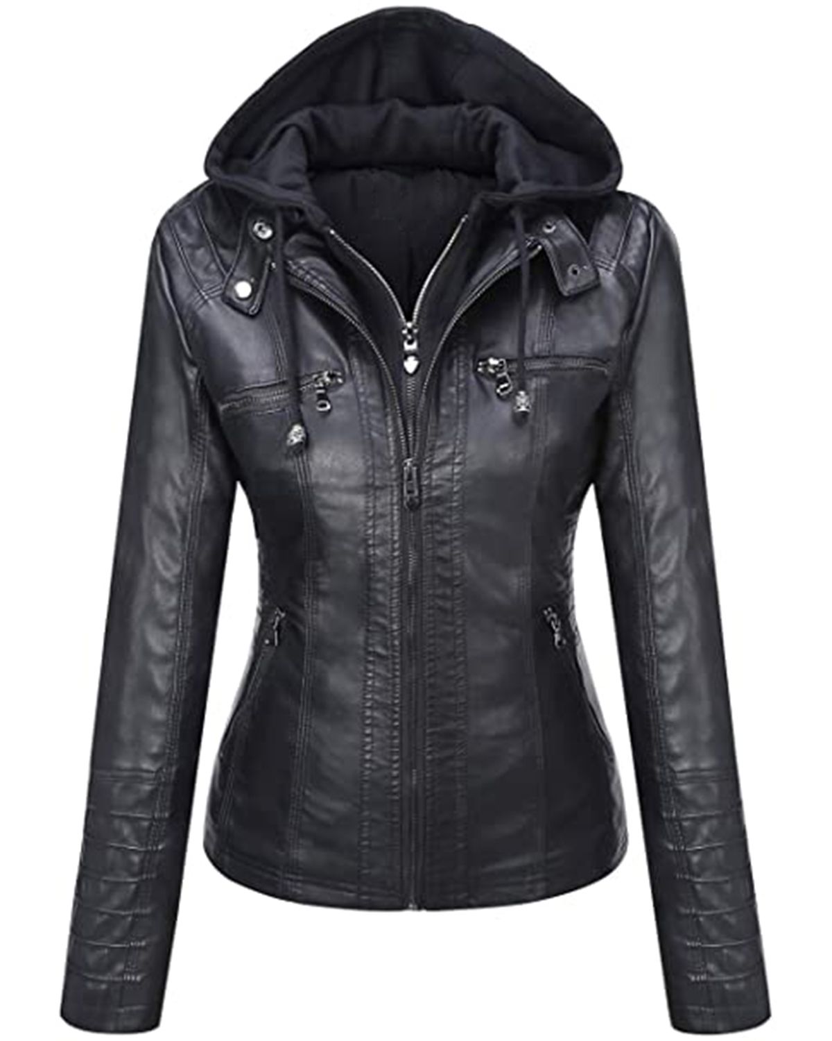 Women's Removable Hood Slim Fit Biker Real Leather Jacket