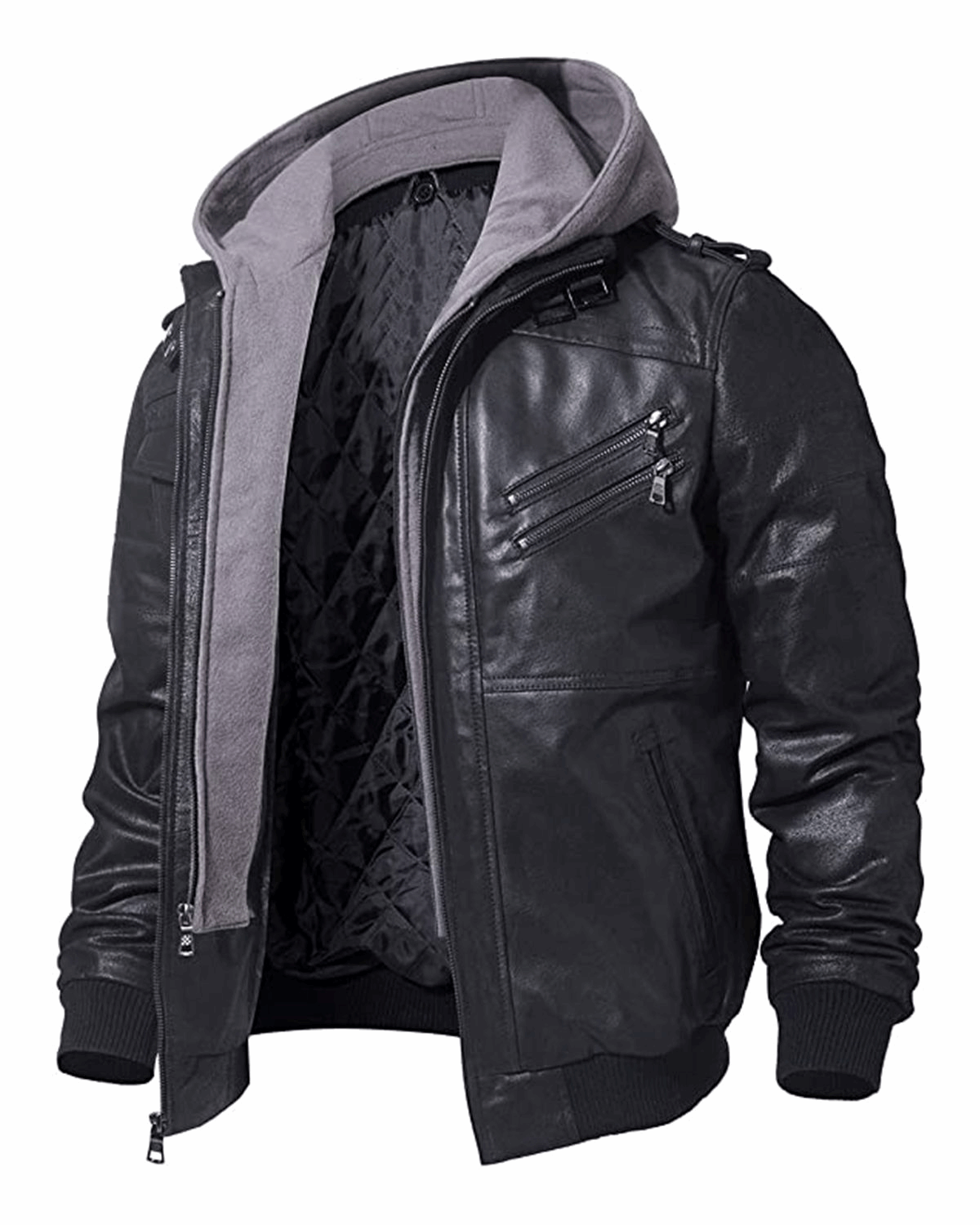 Men's Detachable Hooded Biker Motorcycle Leather Jacket