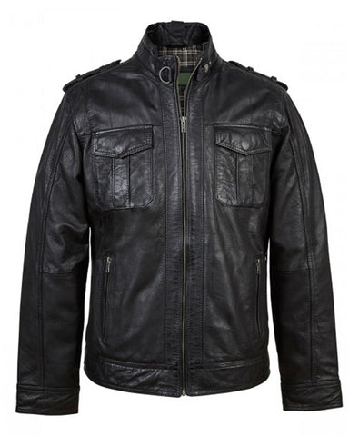 Mens Stand up Collar Black Leather Jacket