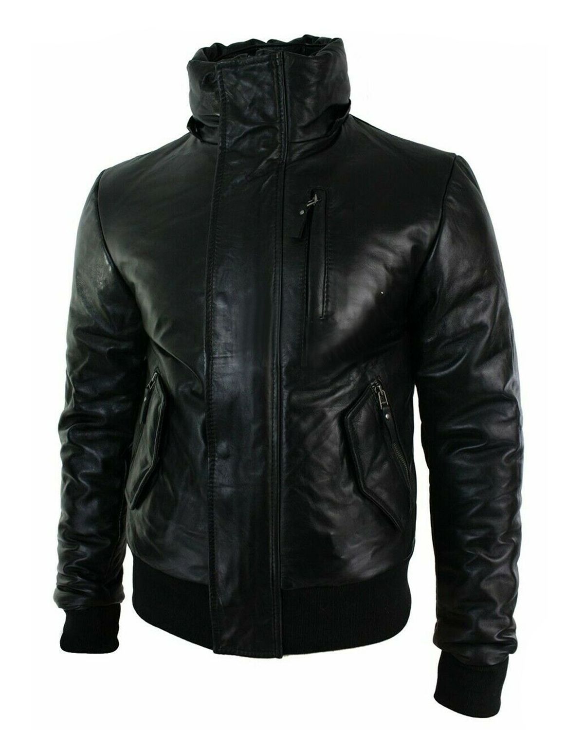 Men's Puffer Hooded Bomber Leather Jacket