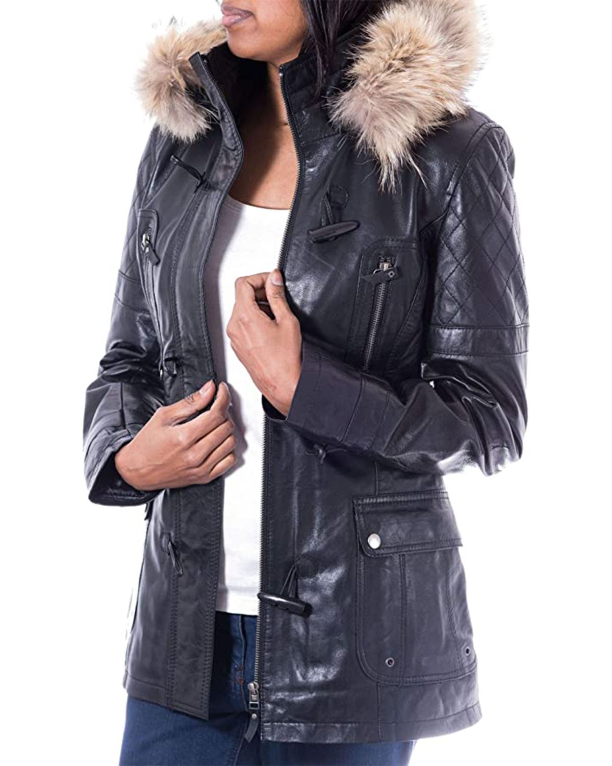 Women's Detachable Hooded Fur Collar Duffle Coat