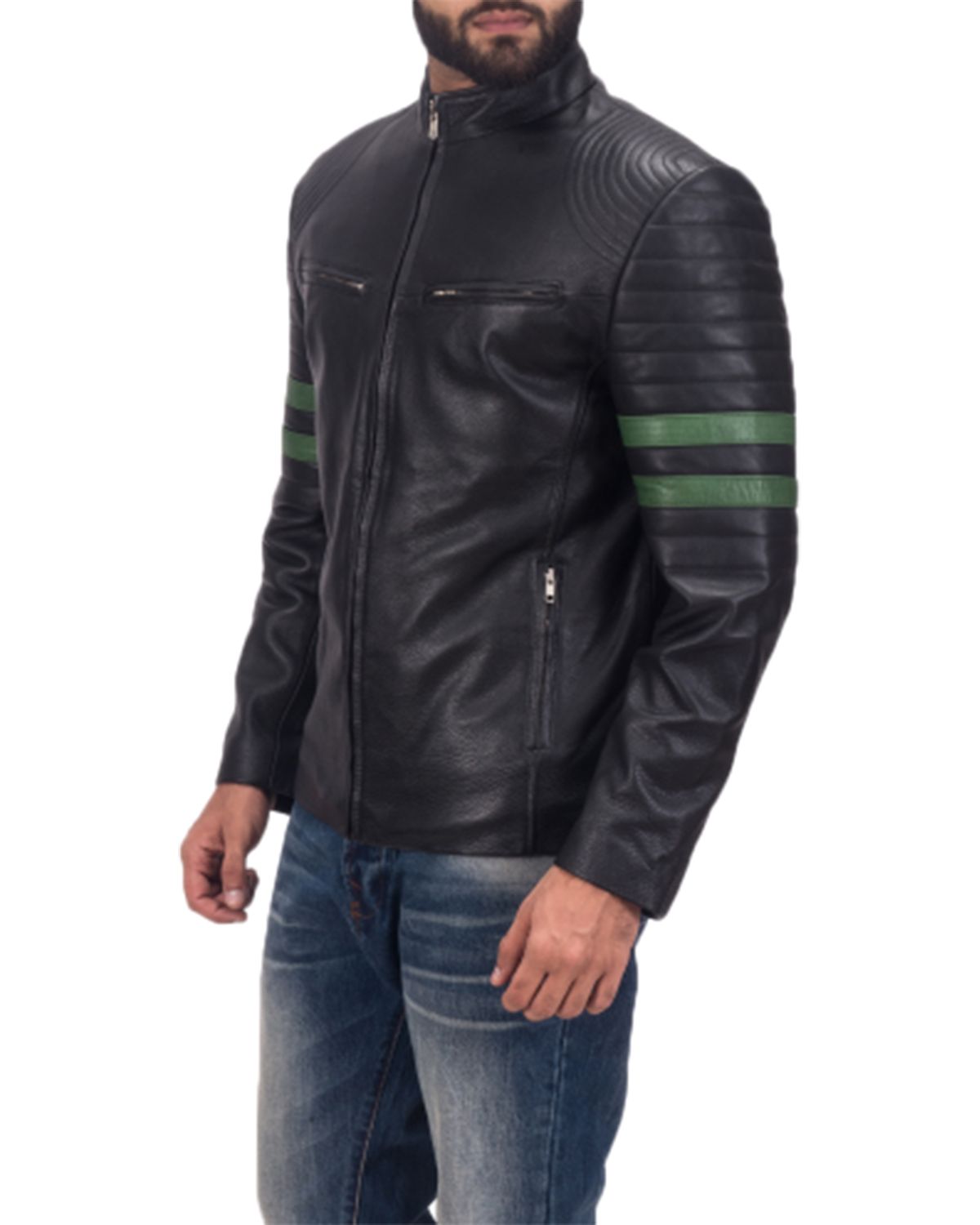 Men's Black Biker With Green Stripes Leather Jacket