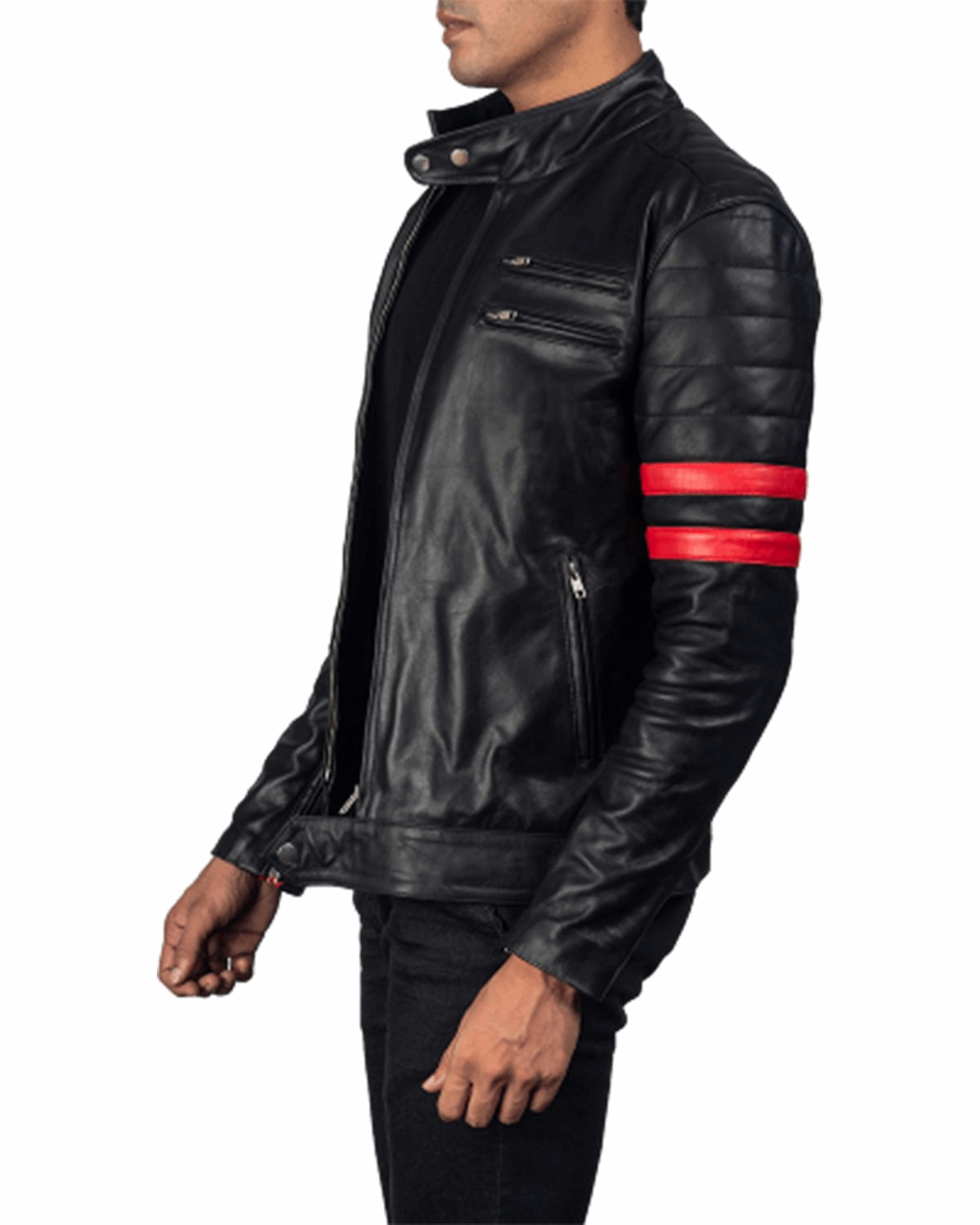 Men's Black Biker With Red Stripes Real Leather Jacket