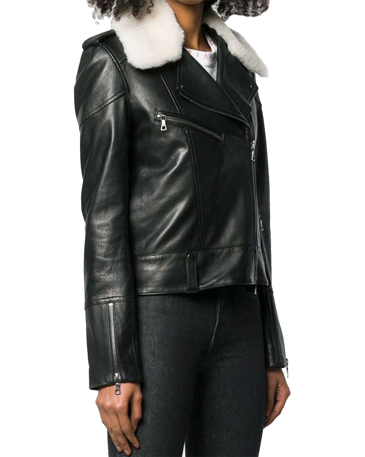 Womens Fur Collar Black Aviator Biker Style Leather Jacket