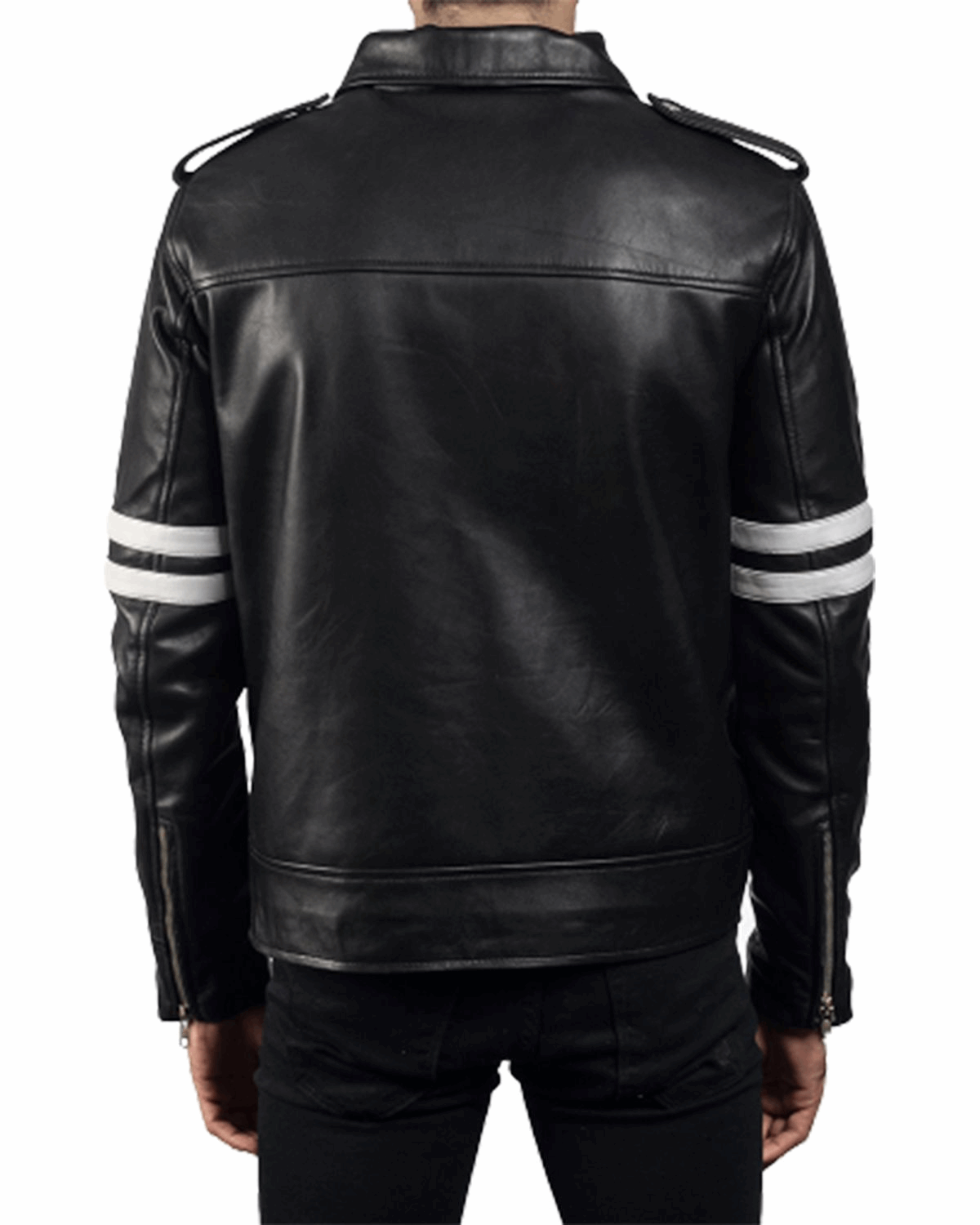 Men's Black Biker With White Stripes Leather Jacket