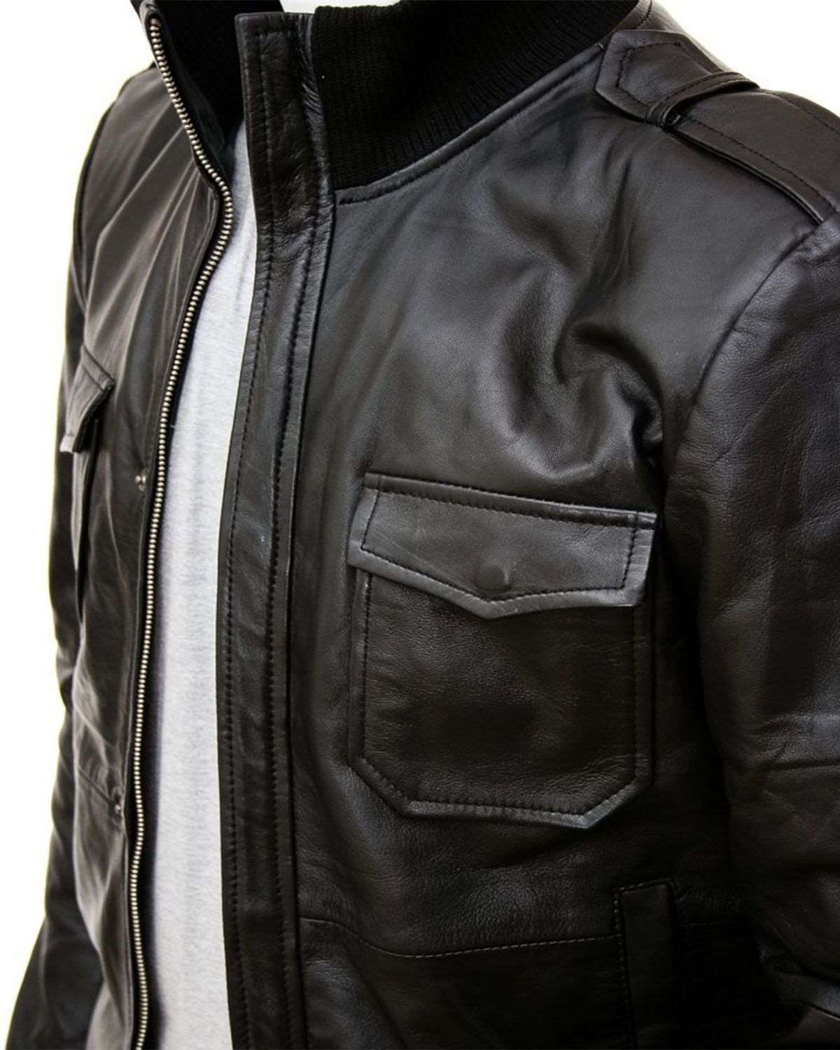 Men's Epaulettes Shoulder Stylish Bomber Leather Jacket