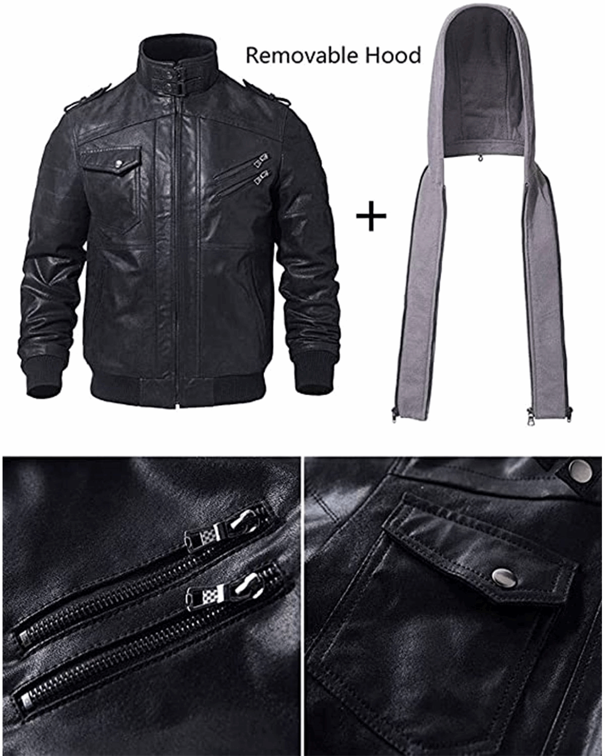 Men's Detachable Hooded Biker Motorcycle Leather Jacket