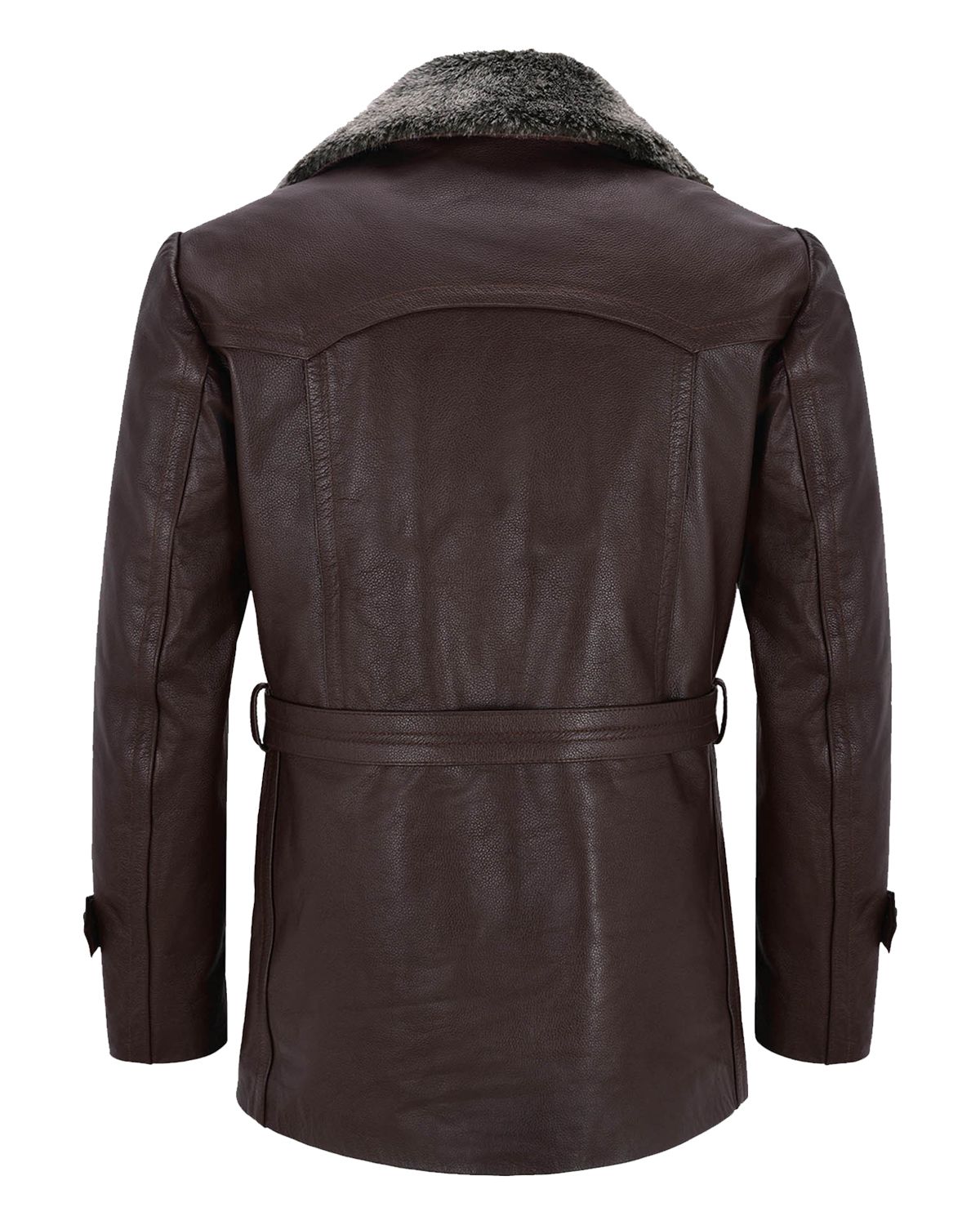 Men's German Real Leather Brown Peacoat Fur Collar