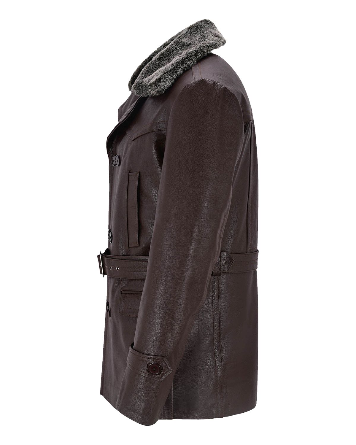 Men's German Real Leather Brown Peacoat Fur Collar