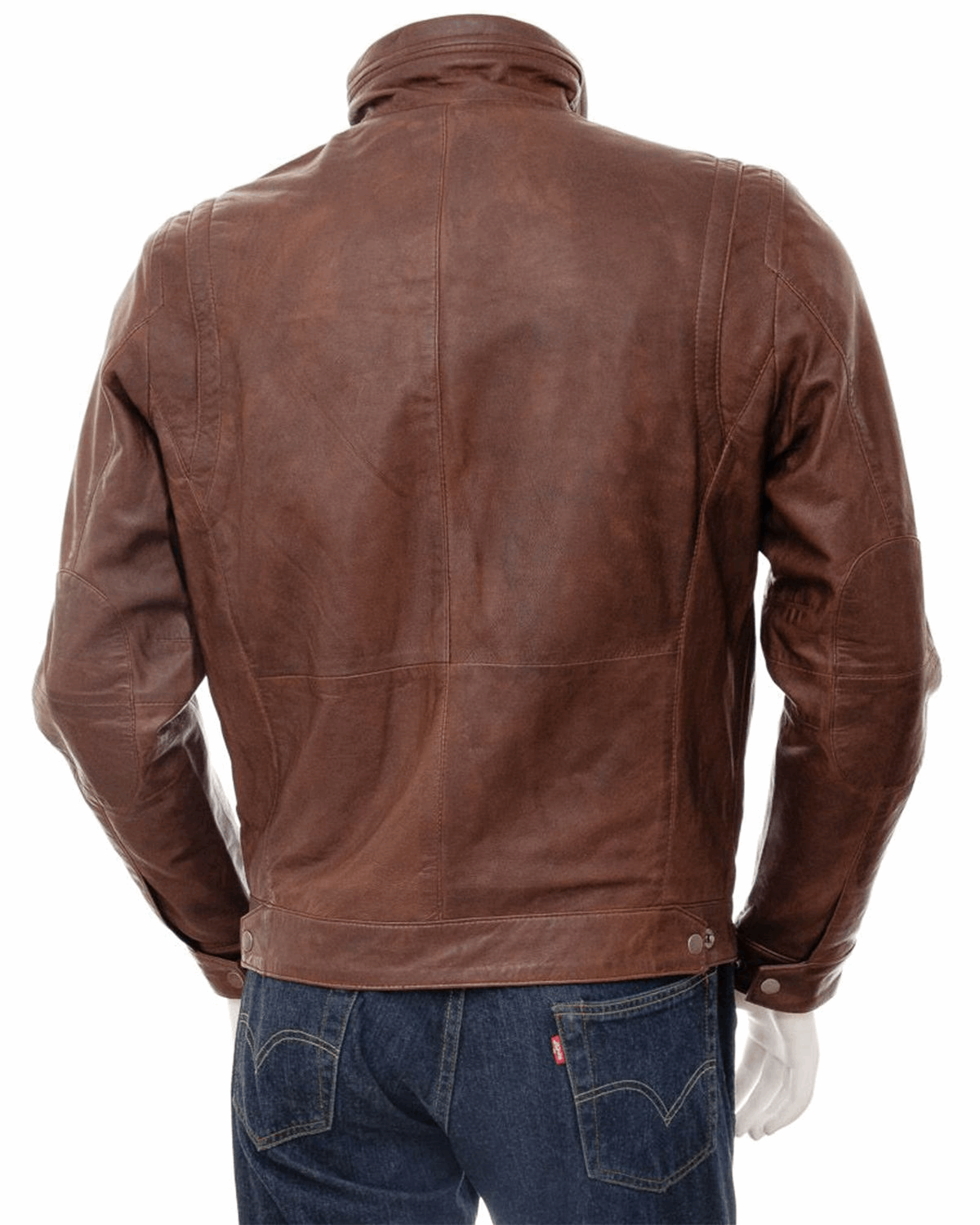 Men's Brown High Funnel Neck Collar Biker Real Leather Jacket