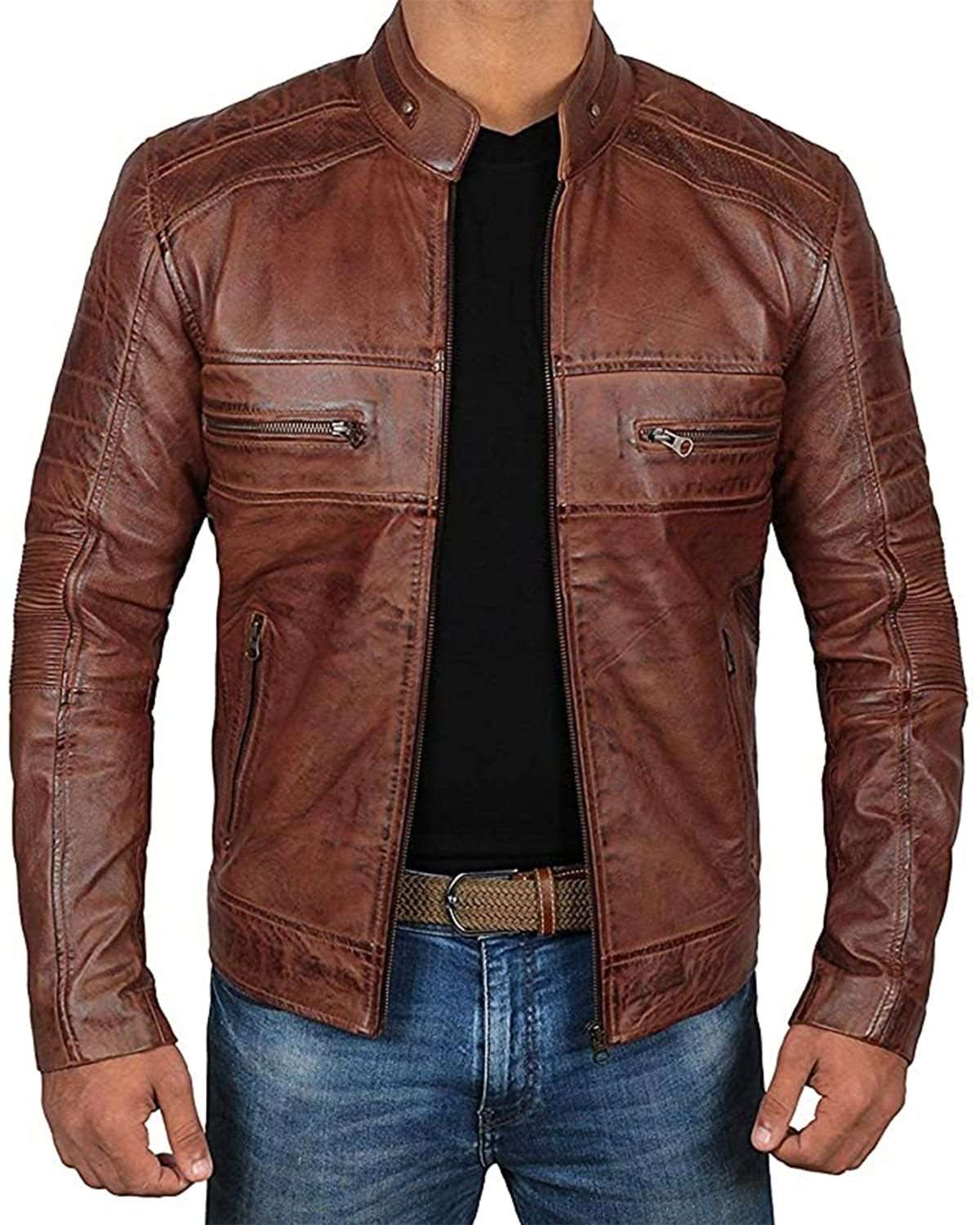 Men's Classic Cafe Racer Motorcycle Real Leather Jacket