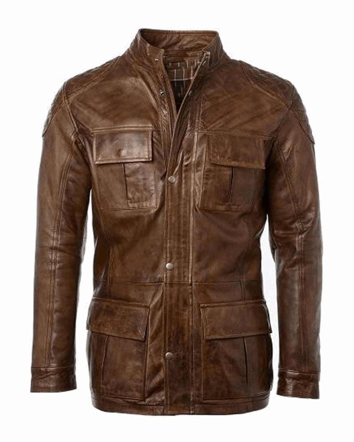 Men's Four Pocket Cafe Racer Long Hip Length Leather Jacket