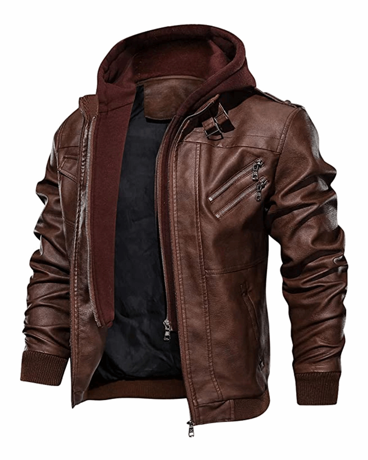 Men's Detachable Hooded Biker Motorcycle Leather Jacket