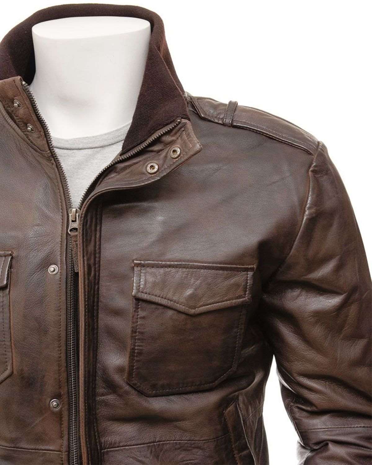 Men's Epaulettes Shoulder Stylish Bomber Leather Jacket