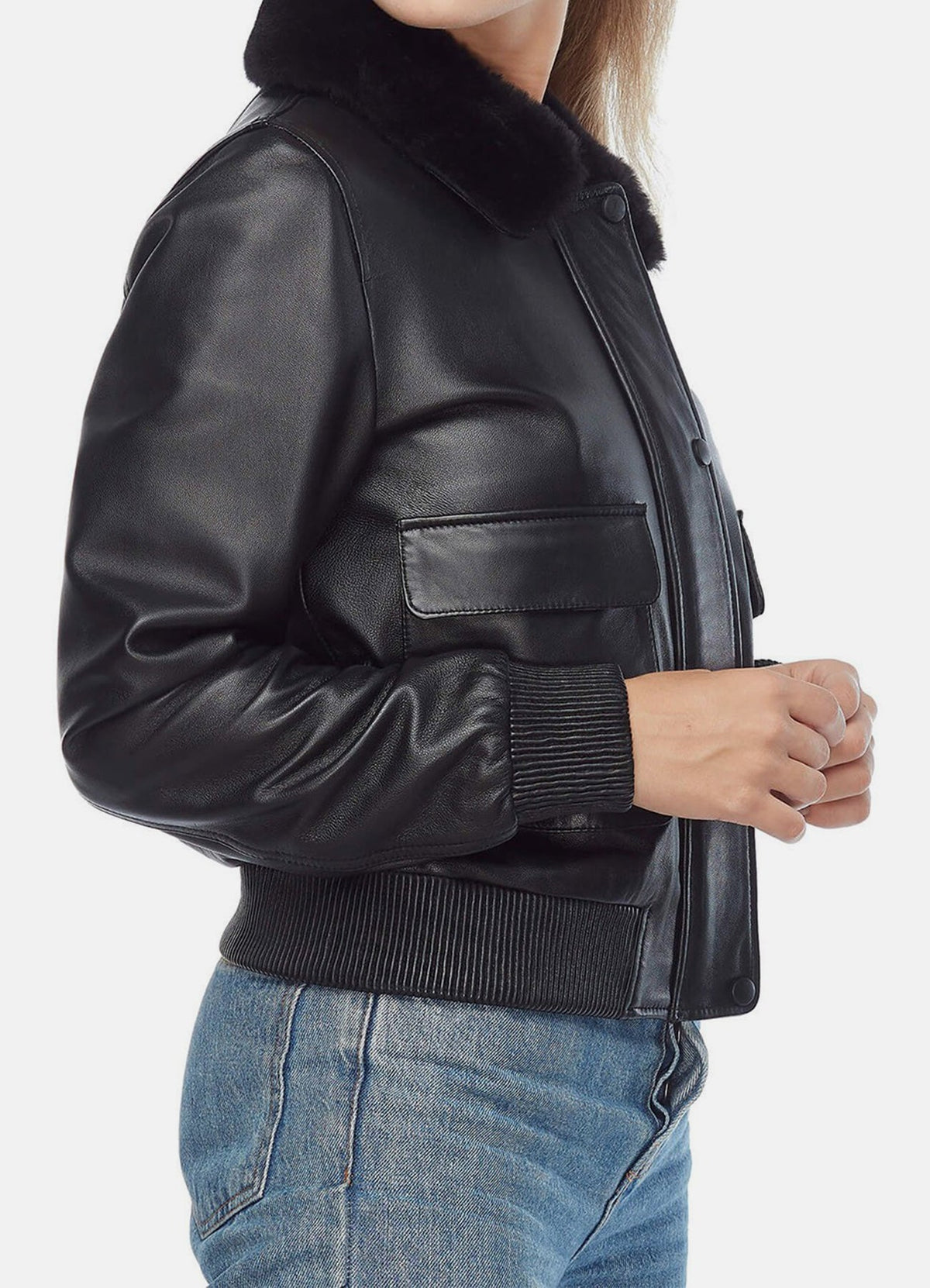 Womens Jet Black Bomber Leather Jacket