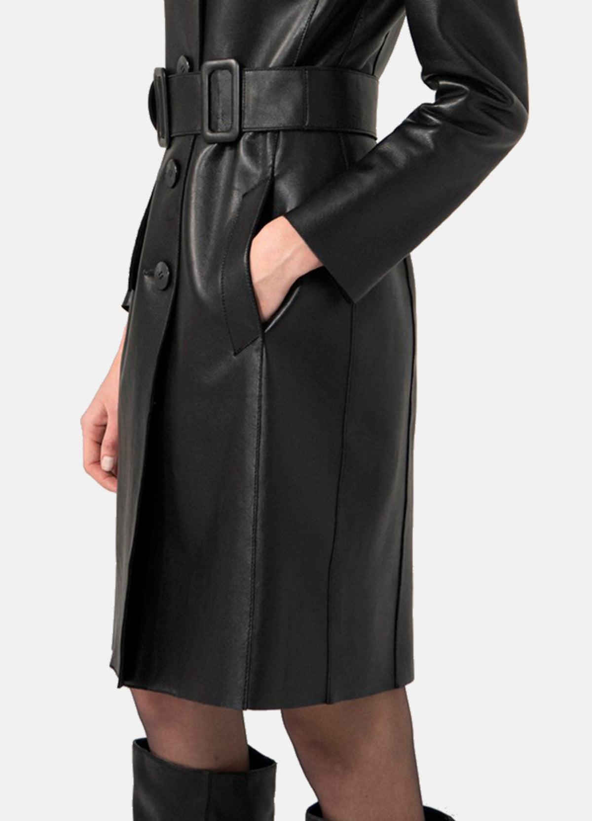 Womens Smooth Black Trench Leather Coat