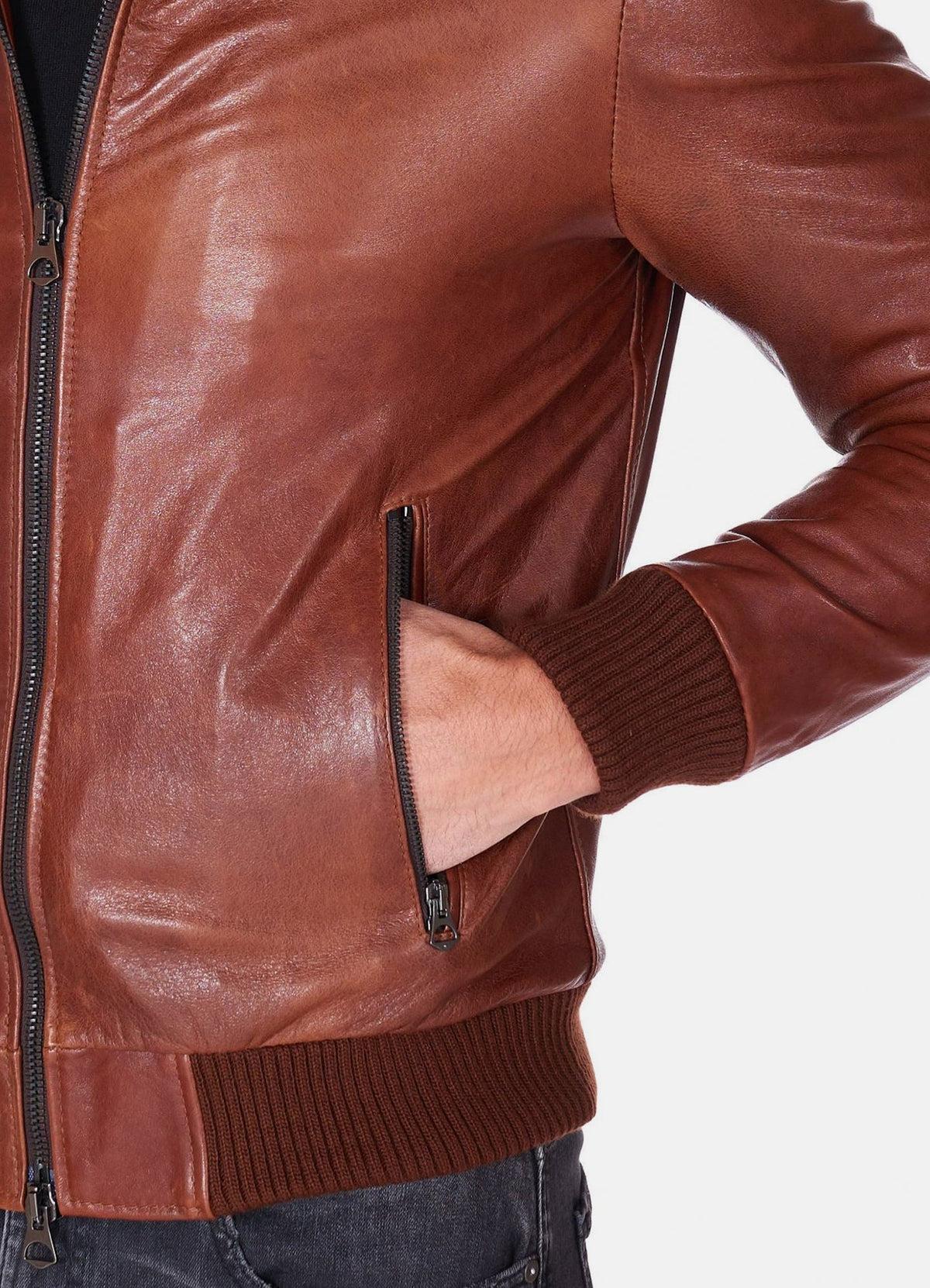 Mens Shiny Brown Bomber Leather Jacket