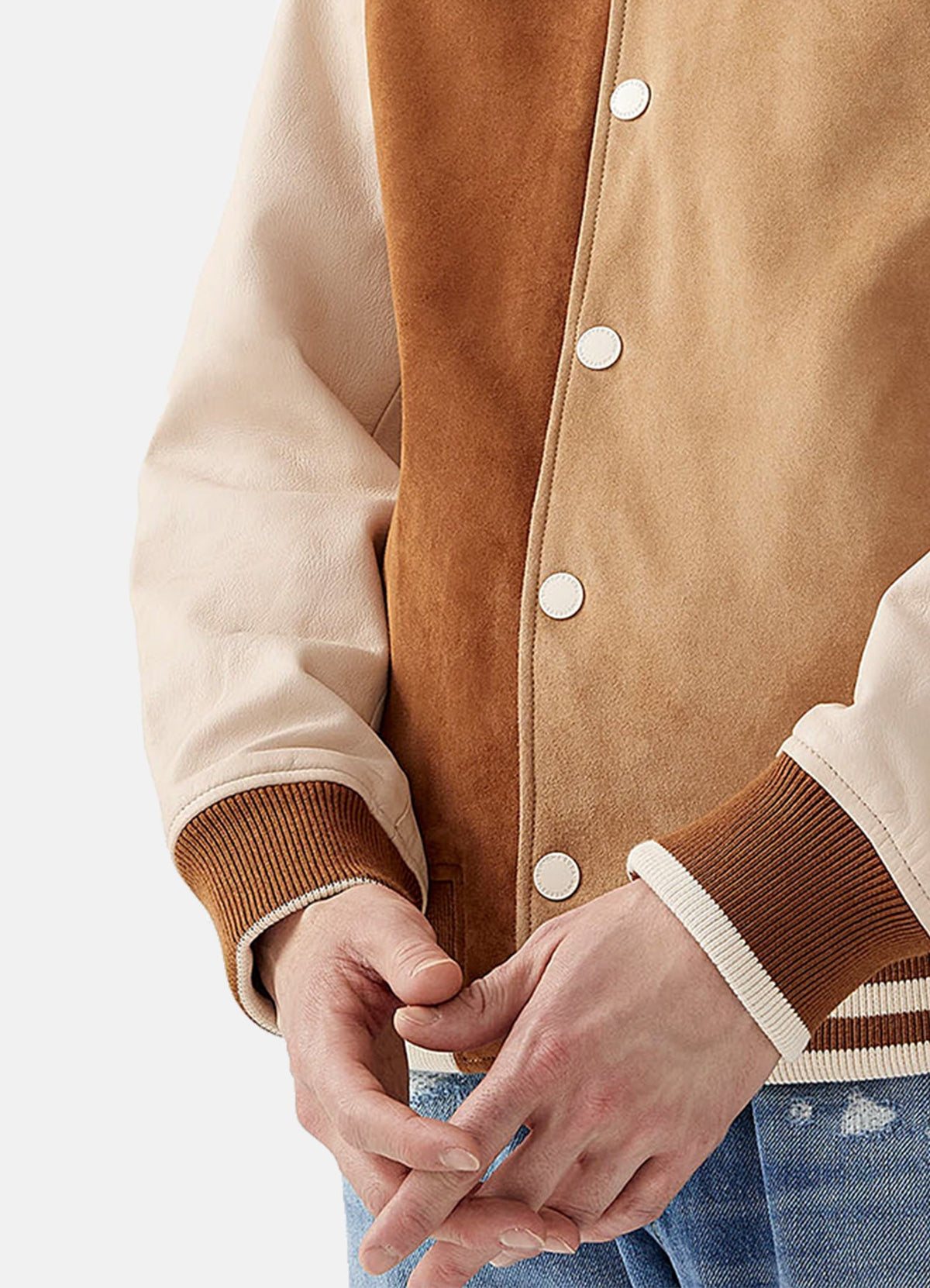 Mens Tan and Beige Suede Varsity Jacket