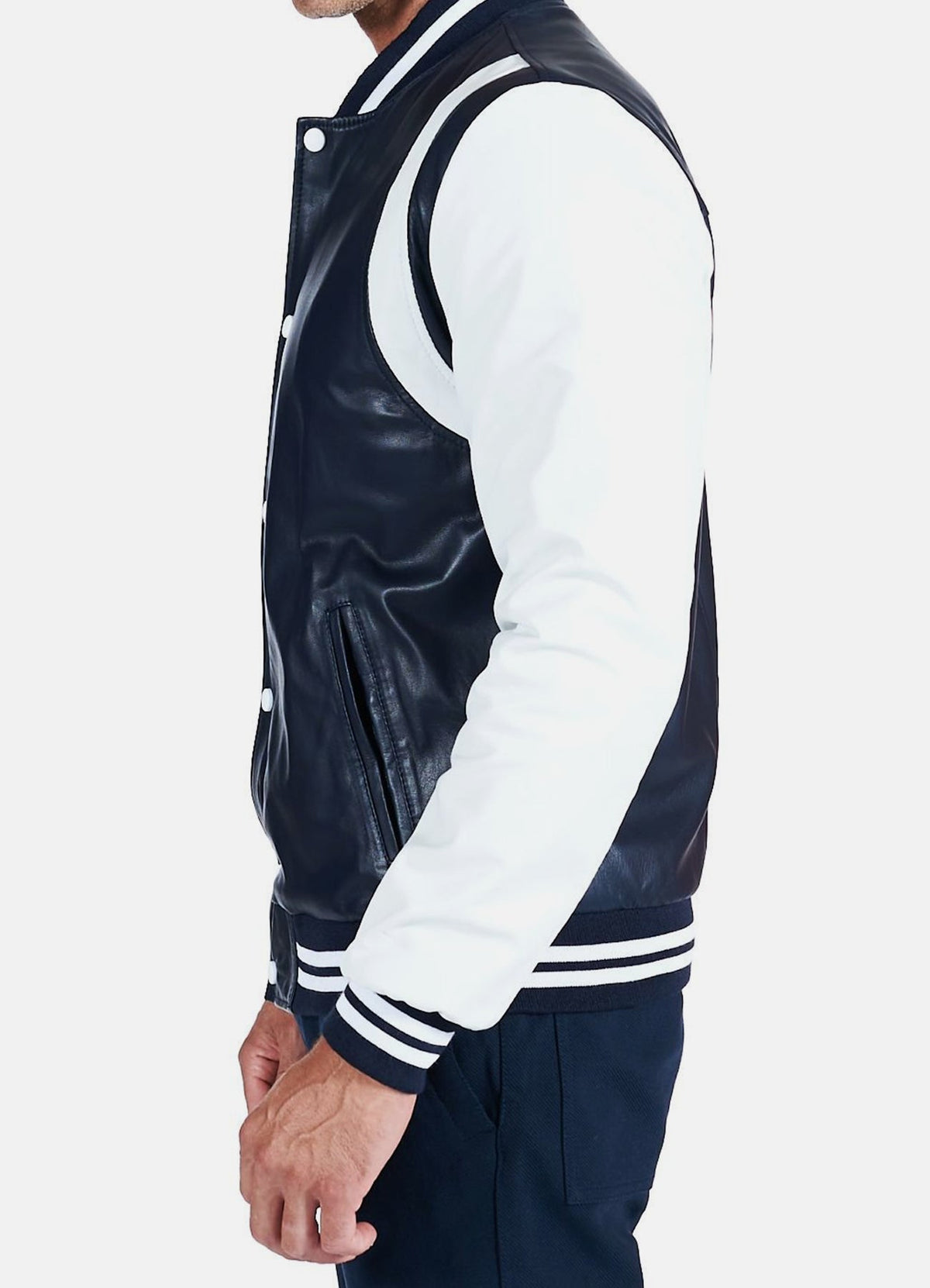 Mens Dark Blue and White Varsity Jacket