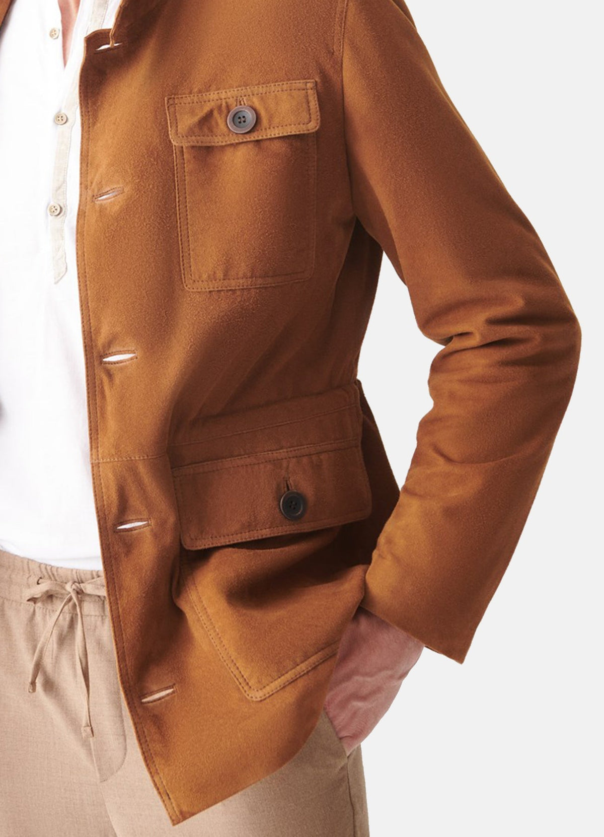 Mens TAN Long Length Suede Leather Jacket