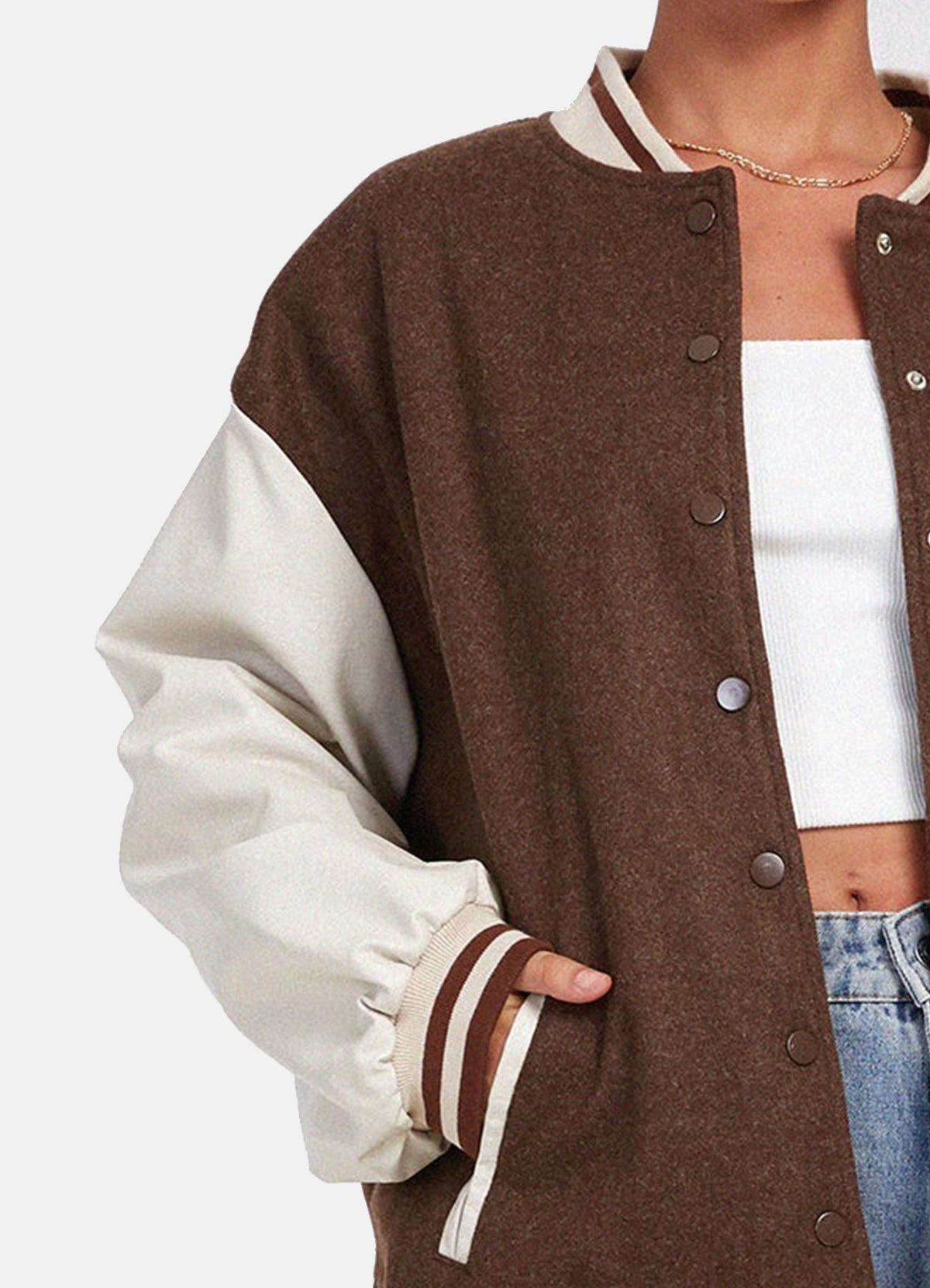 Womens Brown and White Oversized Varsity Jacket