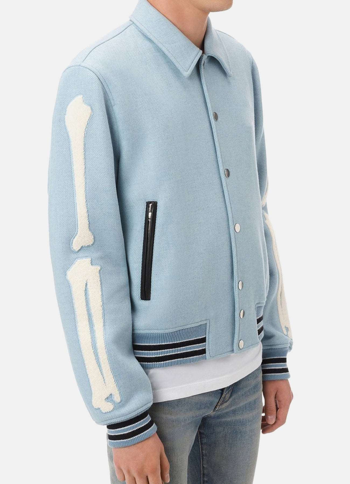 Mens Baby Blue Bone Design Varsity Jacket