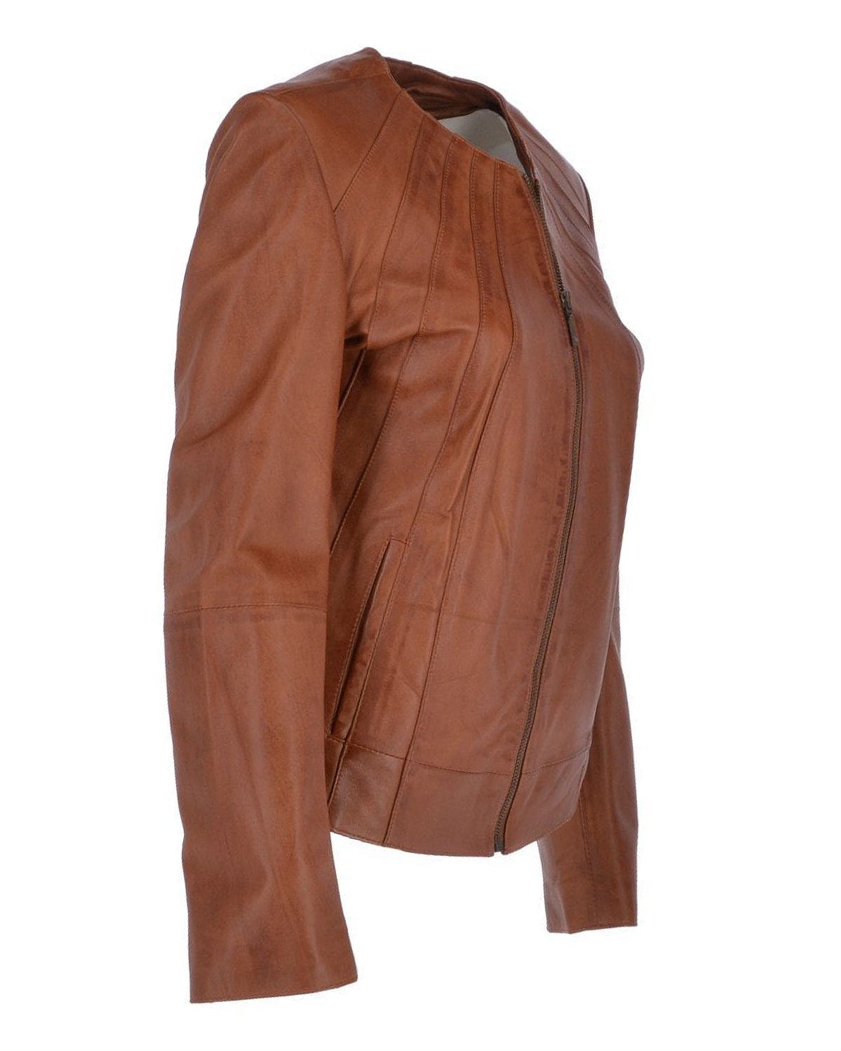 Women's Stylish Collarless Genuine Sheepskin Leather Jacket